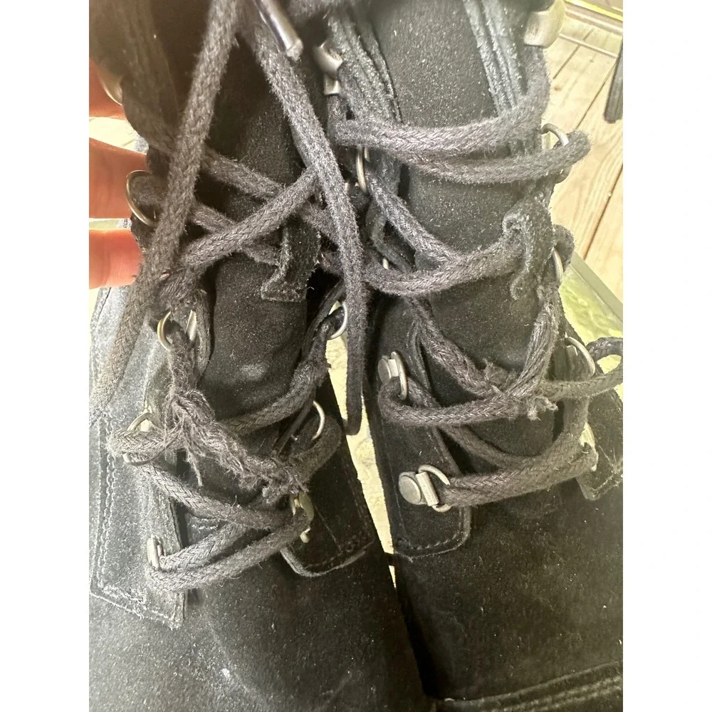 UGG Black Suede Leather Lace Up‎ Shearling Lined Winter Boots Women's Size 10